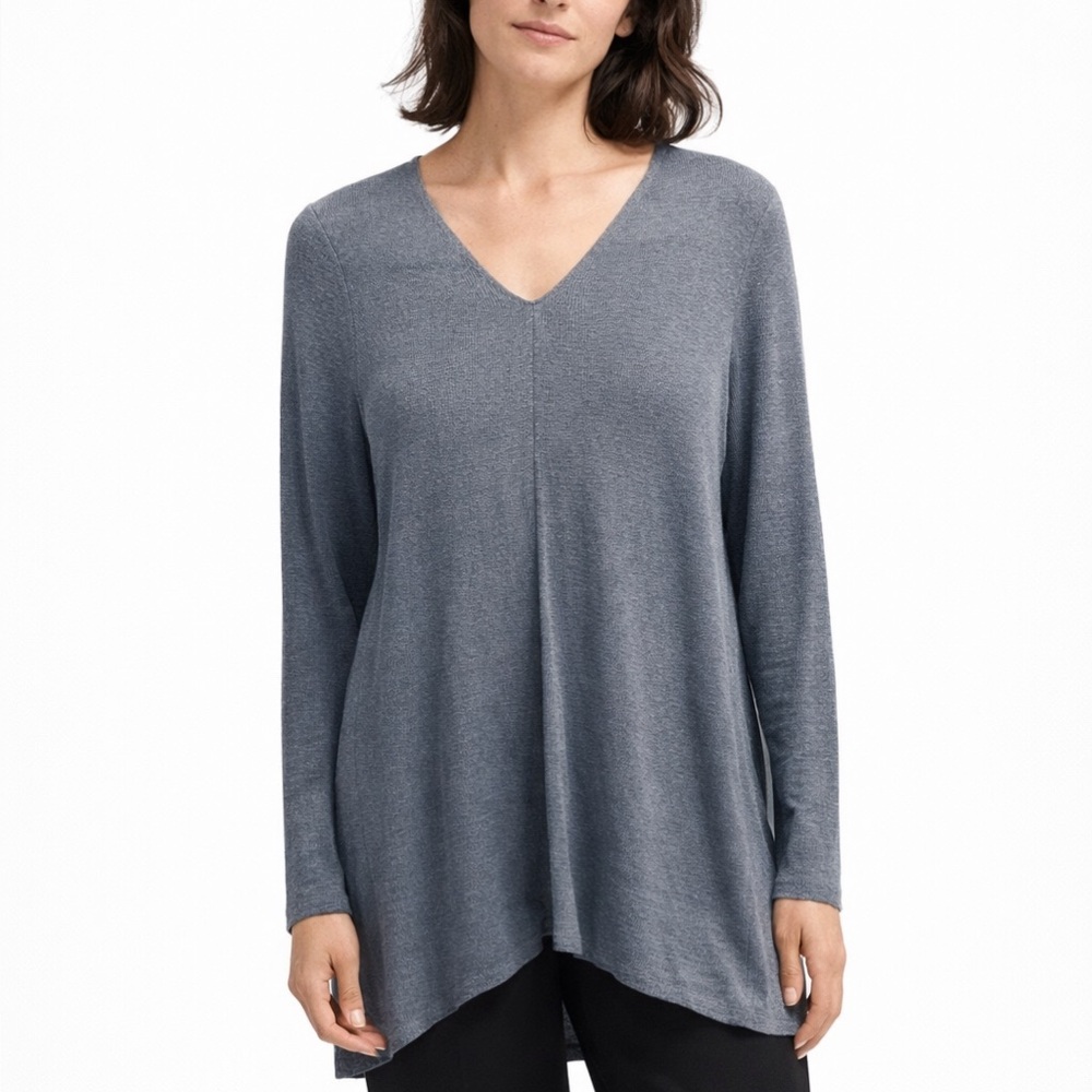 Eileen Fisher Organic Linen V-Neck High-Low Top Blue Petite Large